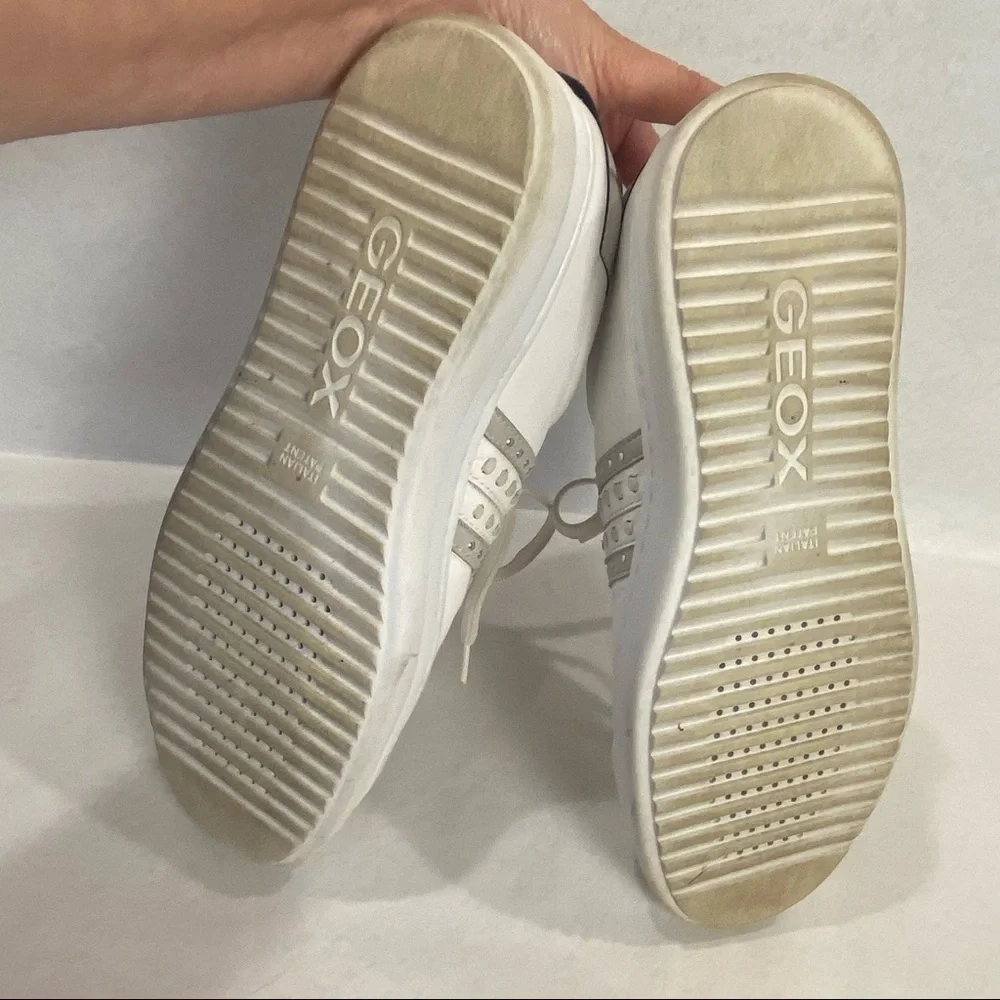 Geox Respira Pontoise White Silver Leather Sneaker Women's 9 Retro Chunky